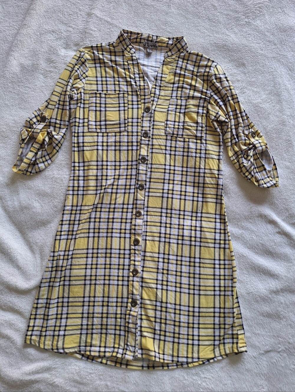 J for Justify Yellow Plaid Roll Tab Sleeve Shirt Dress Womens Size S 90s